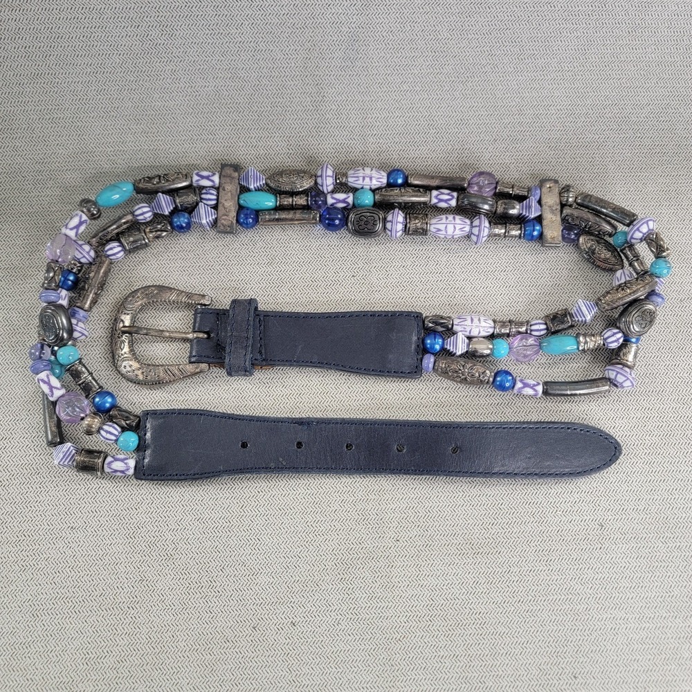 The Limited Leather Belt 3 Strand Beaded Tooled Silver Vtg Western Size Large